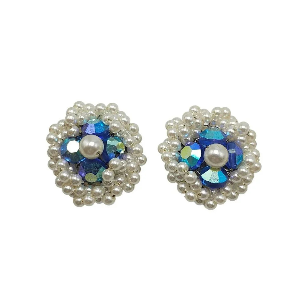 Japan Signed Blue Crystal Bead Faux Pearl Cluster Clip Vintage Earrings